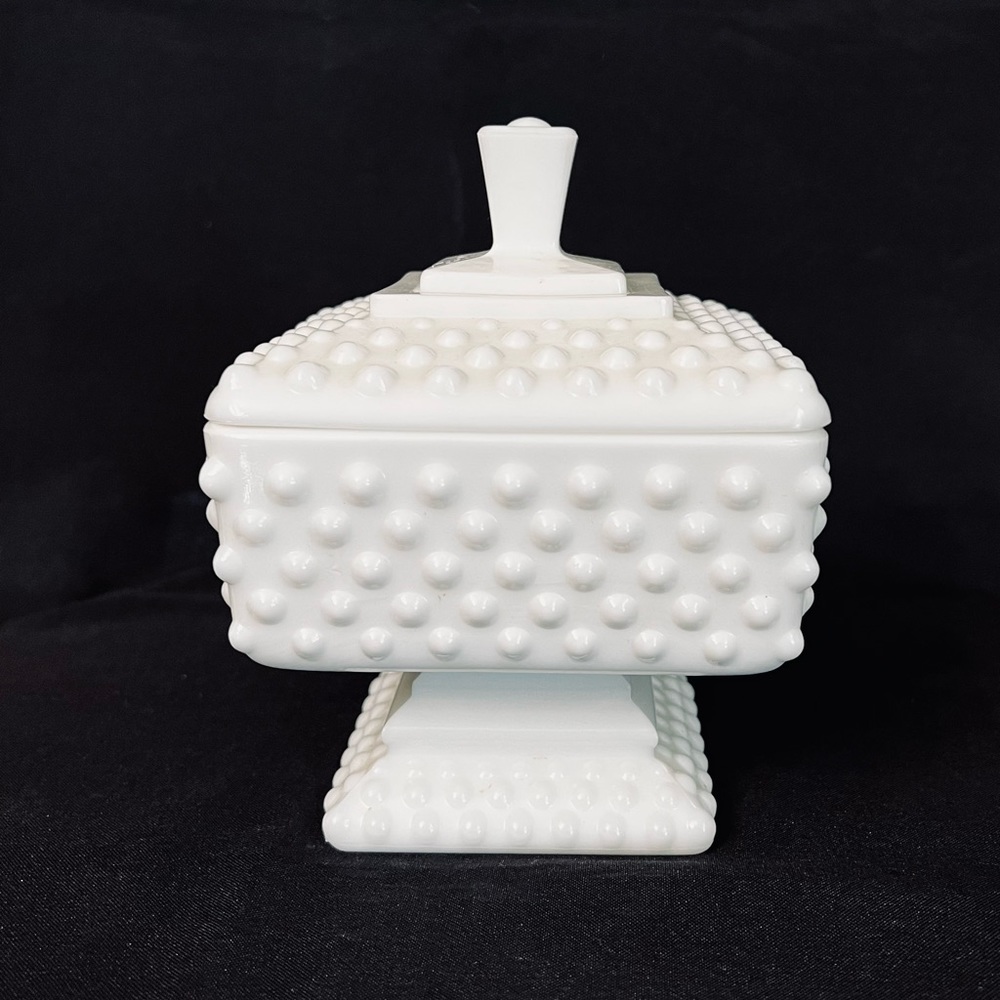 Covered Candy Dish - Vintage Fenton Hobnail Milk Glass